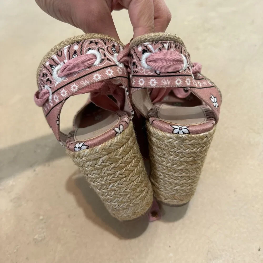 Stuart Weitzman Sandals Wedge Espadrille Bandana Print Pink Women sz 8.5